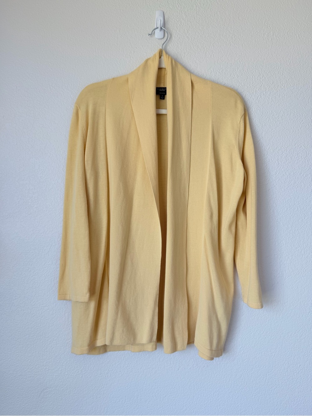 Talbots Pima Cotton Open Front Cardigan Pale Yellow Draped Knit Sweater S